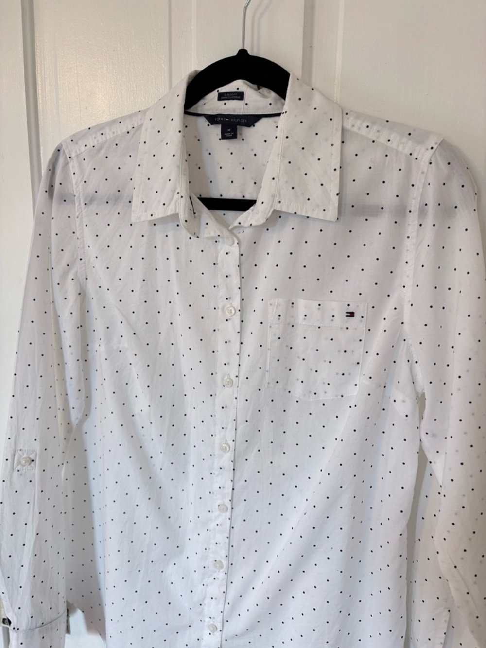 Tommy Hilfiger Polka Dot Button Down Shirt White Black Classic Preppy Blouse Med - Picture 2 of 13